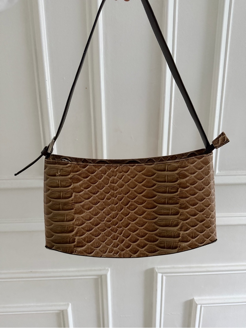 ARCADIA Italy Vintage Brown Embossed Reptile Snakeskin Genuine Leather Baguette